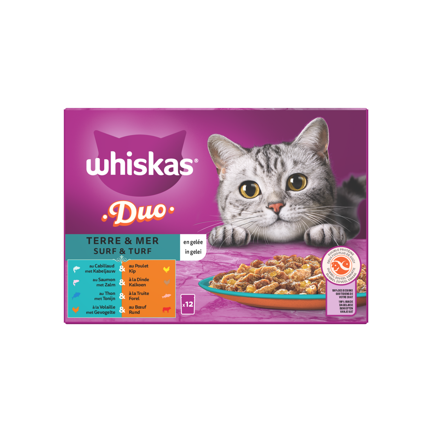 Whiskas 1+ pouch adult gelei duo surf & turf mp 12x85gr