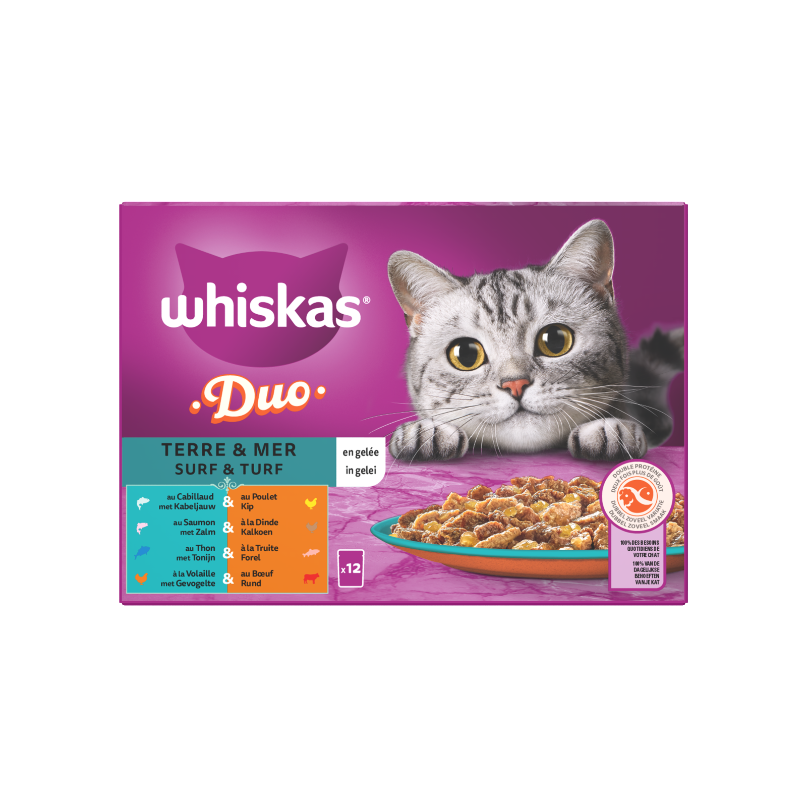 Whiskas 1+ pouch adult gelei duo surf & turf mp 12x85gr