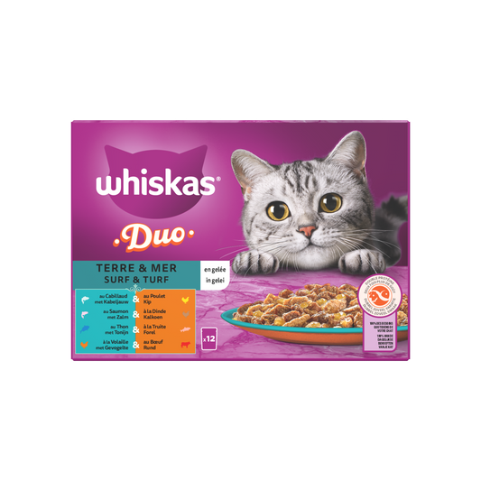 Whiskas 1+ pouch adult gelei duo surf & turf mp 12x85gr