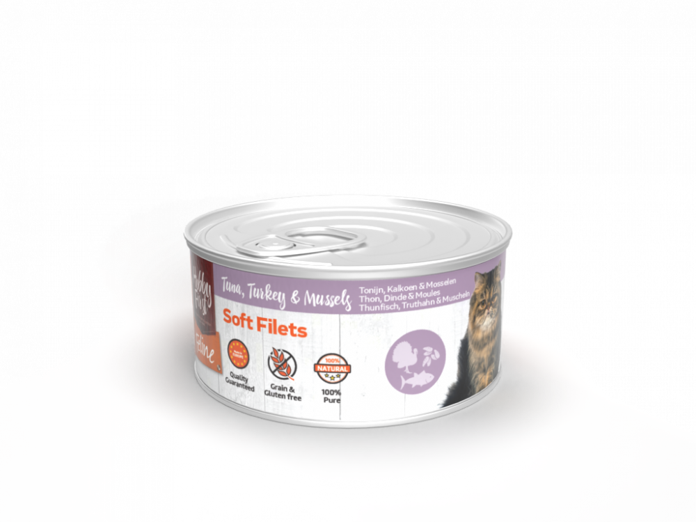Hobby First Feline blik soft filets tonijn&kalkoen&mossel 70gr