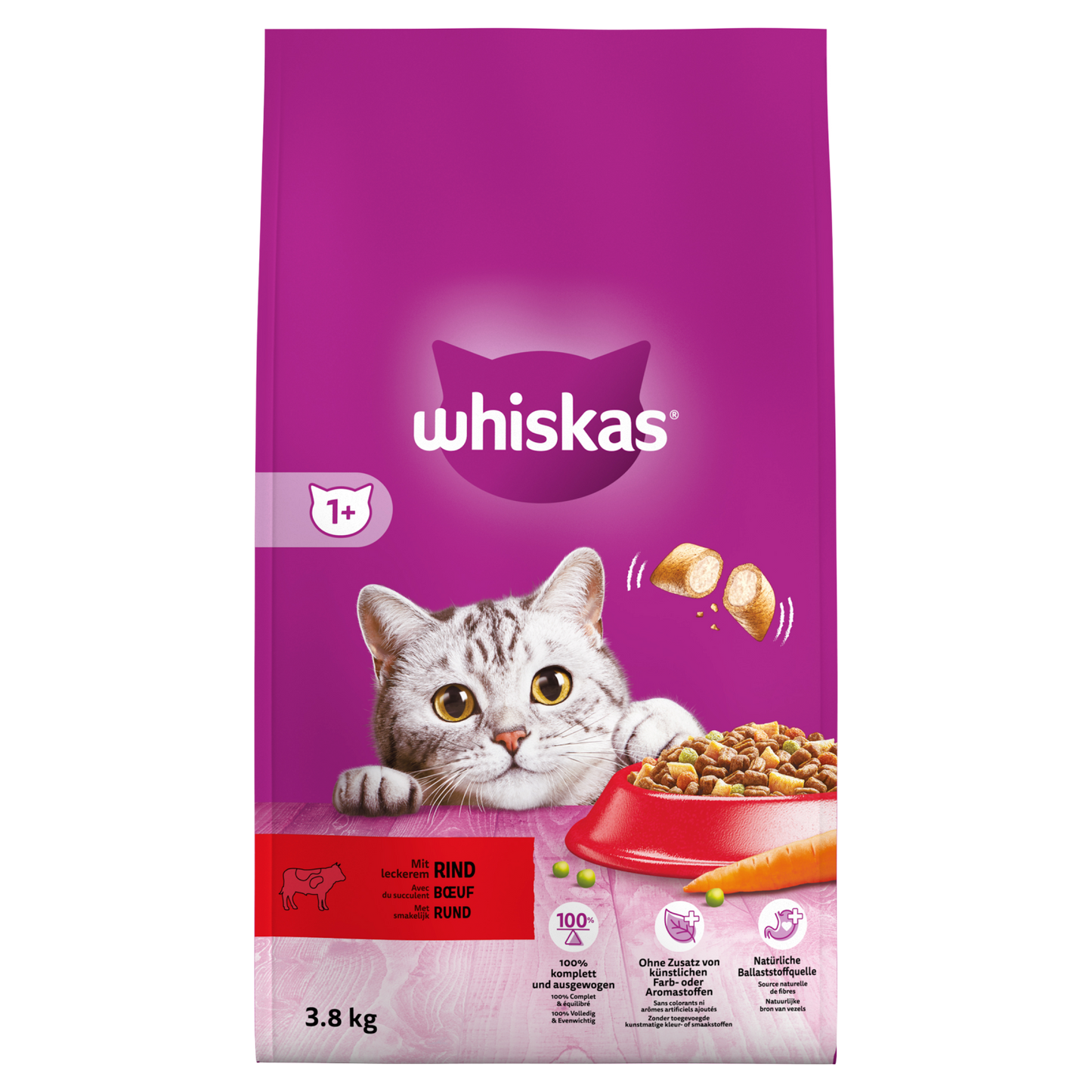 Whiskas 1+ droog adult rund 3,8kg
