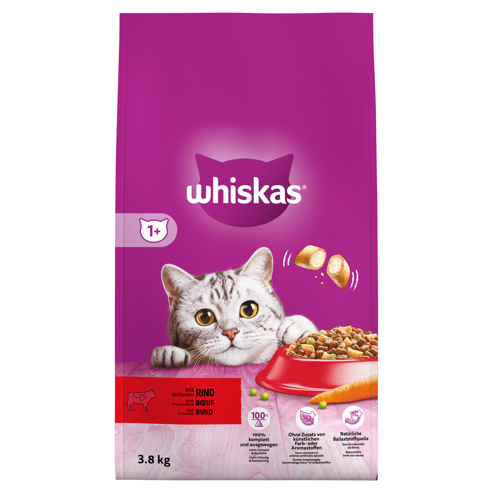 Whiskas 1+ droog adult rund 3,8kg