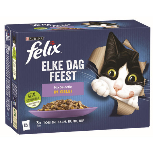 Afbeelding van Felix Elke Dag Feest Katten Natvoer in Gelei – Mix Selectie 12x85g