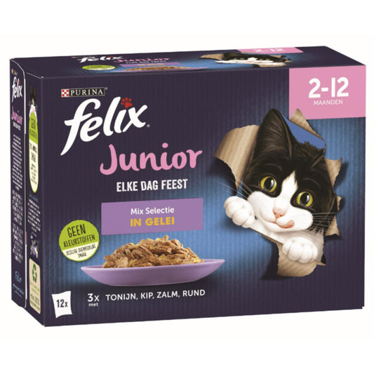 Afbeelding van Felix Elke Dag Feest Junior Katten Natvoer in Gelei – Mix 12x85g