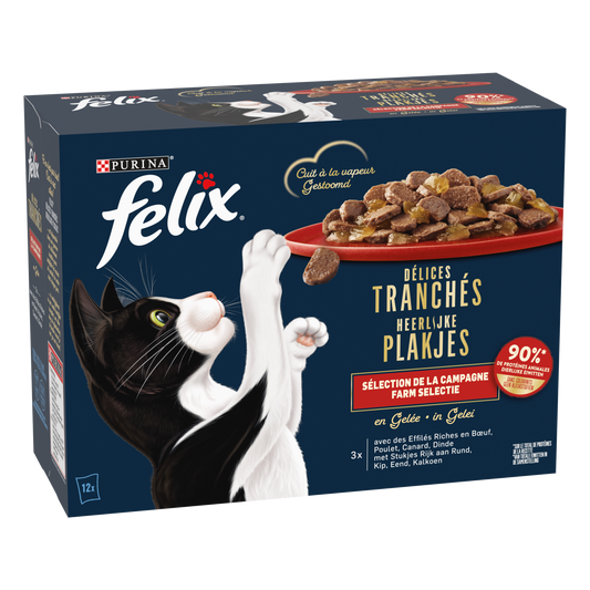 Afbeelding van Felix Heerlijke Plakjes Katten Natvoer in Gelei – Farm Selectie 12x80g