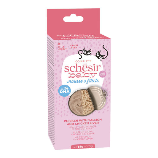 Schesir Baby kitten blik bouillon kip&zalm mousse&fillets 3x55gr