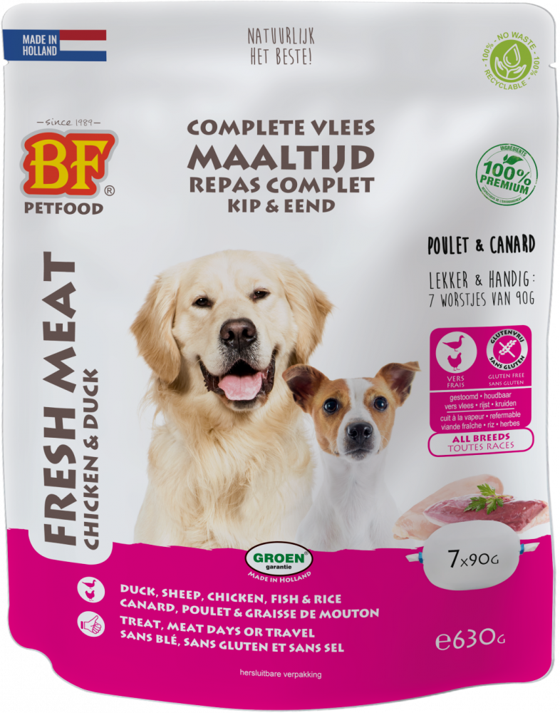 Biofood vleesvoeding compleet kip&eend zak 7x90gr