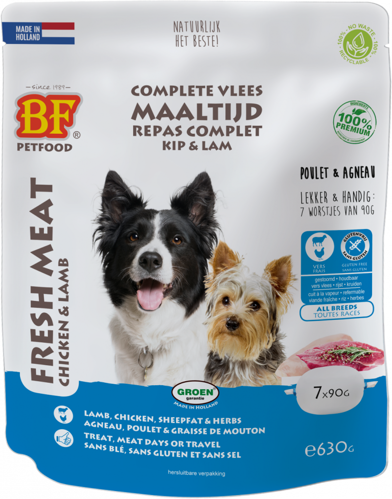 Biofood vleesvoeding compleet kip&lam zak 7x90gr