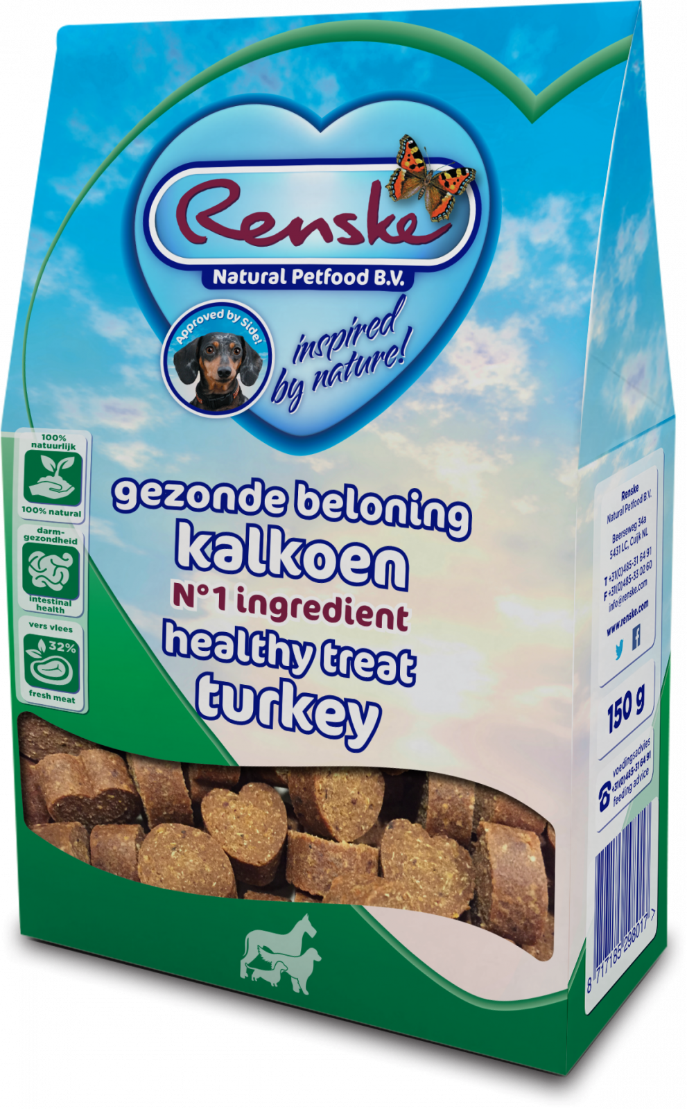Renske gezonde beloning hartjes hond kalkoen 150gr